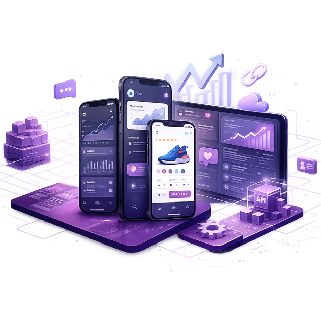 Ilustração conceitual de integração entre tecnologia, marketing e crescimento