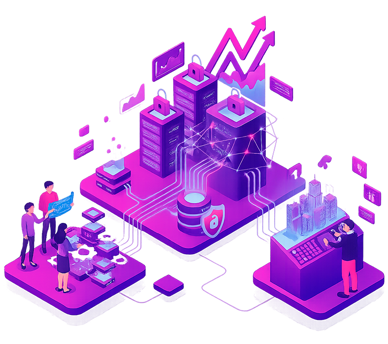 Ilustração conceitual de integração entre tecnologia, marketing e crescimento